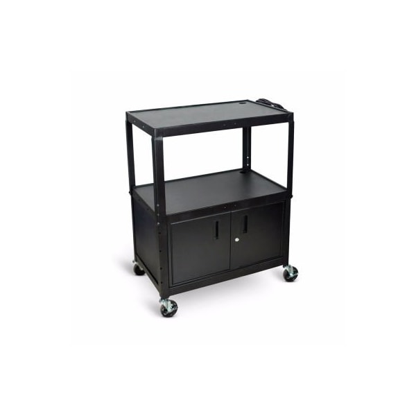 Luxor Extra Large Adj Height Steel AV Cart w/ Cabinet, 3 Shelves, Blk, Electric, 24" to 42"H AVJ42XLC - main